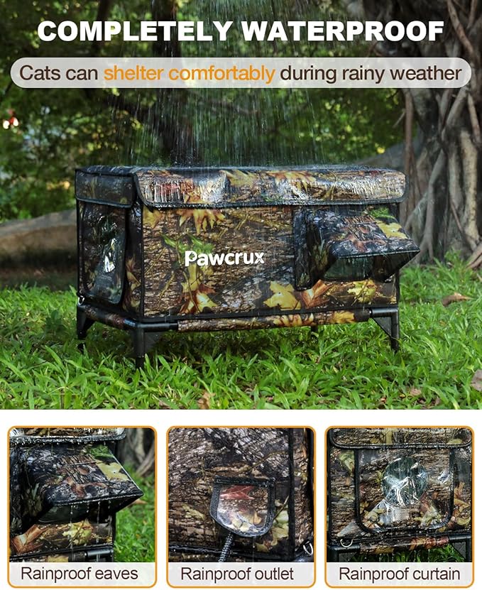 Weatherproof Heated Cat House for Outdoor in Winter, Heated Cat Bed Kitty Shelter with Cat Heating Pad, Insulated & Safe Escape Door, Warm House for Outside Stray Cat(Leaf Color, 12.6"x16.5"x16.9")
