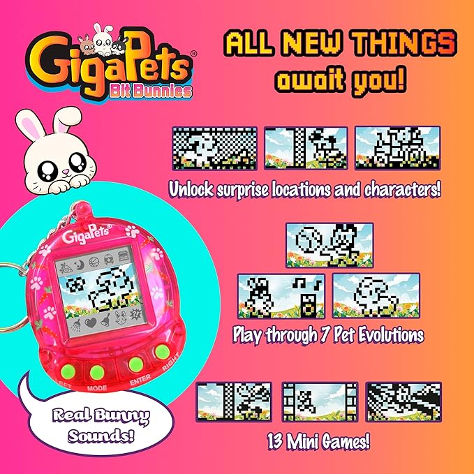 Giga Pets Bit Bunnies Interactive Digital Pet Toy, Upgraded Collector’s Edition Pets for Kids, 90’s Gaming Gift for Boys and Girls