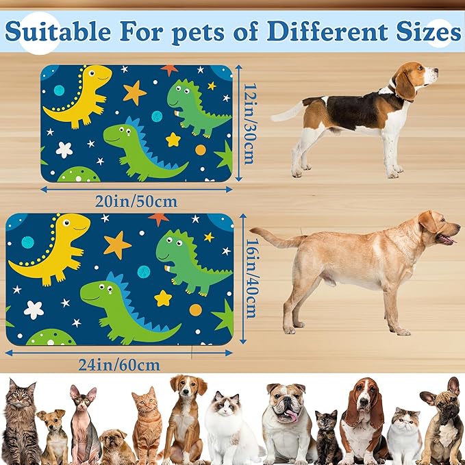 Cartoon Dino Pet Feeding Mat–Quick Dry Absorbent Dog Cat Food Mat, Non Slip Waterproof Bowl Placemat for Messy Eaters, Pet Accessories for Floors 12"x20"