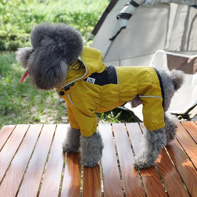 LOVELONGLONG Fleece-Lined Dog Raincoat with Removable Hood – Waterproof Winter Full Body Dog Jacket – Windproof Snowproof Cold-Weather Suit – Yellow-F XXS