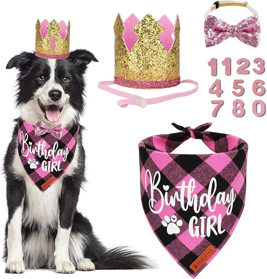ADOGGYGO Dog Birthday Party Supplies, Pink Plaid Birthday Girl Dog Bandana, Golden Pet Party Hat with Numbers, Bowtie for Medium Large Pets (Large)