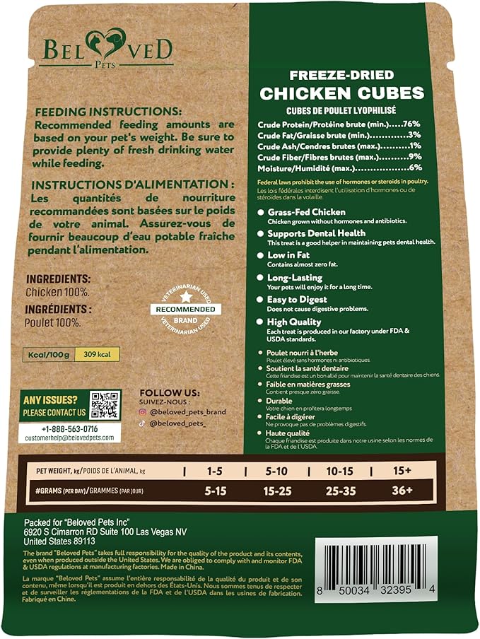 Beloved Pets Dog & Cat Treats Freeze Dried Chicken Cubes 5.3 oz - All Natural Meat Raw Pet Food - Human Grade High-Protein Snacks & Grain-Free Jerky Chews for Cats and Small Dogs (Pack of 2)