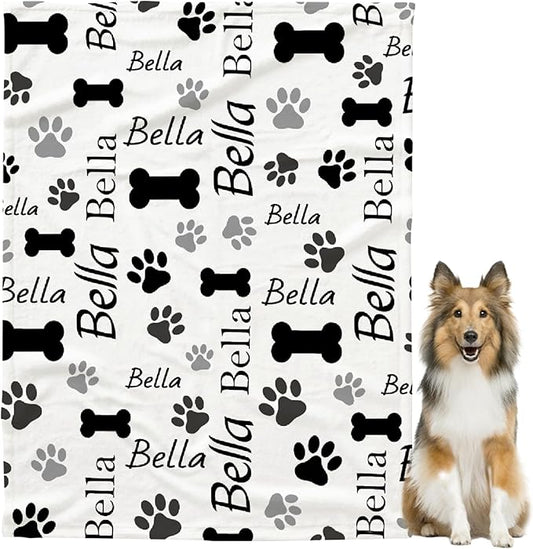 Custom Pet Name Blanket - Personalized Dog Blanket, Cute Dog Paw Prints, Soft Flannel Throw for Bed, Sofa, Travel - Medium 60"x50" for Teens
