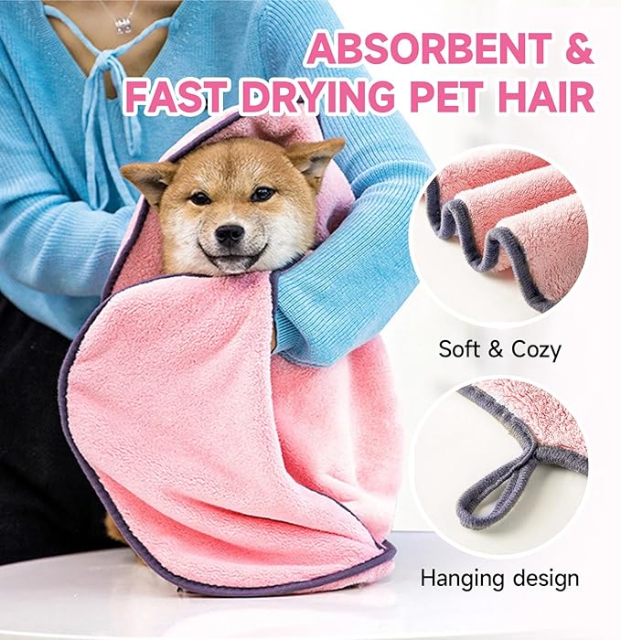 Dog Washing Gloves - Quick Drying Dog Towel,Cat Bath Grooming Gloves Brush with High-Density Teeth for Bathing Massaging，Absorbent Pet Bath Towel 30.3"x13.8" with Hand Pocket for Dog Cat Pink