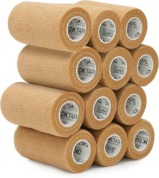 OK TAPE Self Adherent Cohesive Bandages Wrap - 12Packs, 3" x 5 Yards, Non-Woven Self Adhesive Bandage Wrap for Thumb, Finger, Wrist, Ankle, Vet Wrap Bandages Tape (Beige)