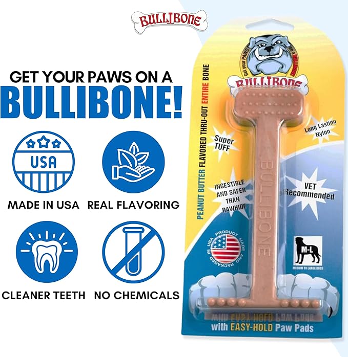 Bullibone Nylon Dog Chew Toy Nylon Bone - Improves Dental Hygiene, Easy to Grip Bottom, and Permeated with Flavor (Peanut Butter, Large - Single)