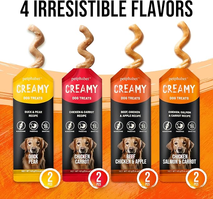 PETPHABET Lickable Squeeze Treats for Dogs, Wet Dog Food Meal Topper, Creamy Puree Dog Snacks, Puppy Pouch Treats for Training and Enrichment, Healthy High Protein Variety Pack (8 ct/1.4 oz Each)