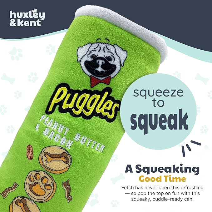 Huxley & Kent Funny Dog Toy w/Squeaker – Power Plush Squeaky Dog Toys for Small, Medium & Large Dogs – Soft Stuffed Animal for Indoor Play & Fetch - Puggles Can, Large