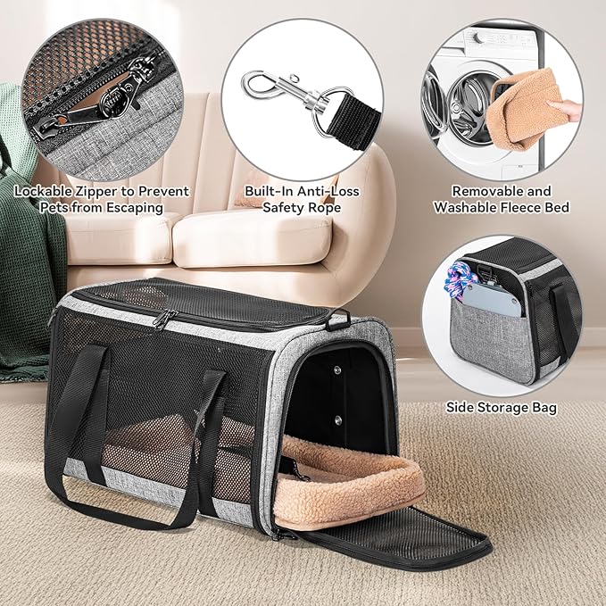 PETSFIT Cat Car Carrier for Medium Cats Dogs, 19"x12"x12" Small Dog Carrier, with Patent Safety Buckles and Escape-Proof Zipper - Safeguarding Car Travel, Vet Visit, Outdoor