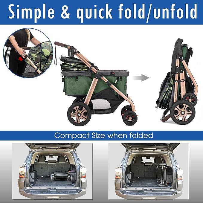 HPZ Pet Rover Titan-HD Premium Super-Sized Dog/Cat/Pet Stroller SUV Travel Carriage/w Access Ramp/100Lbs Capacity/Pumpless Rubber Wheels/Aluminum Frame for Small, Med, Large, XL Pets (Green Camo)