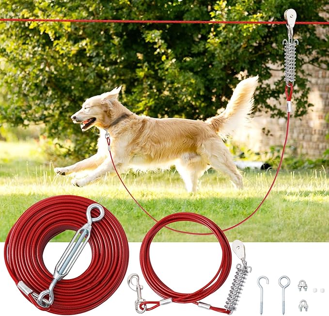 120FT Dog Runner for Yard with 15FT Tie Out Cable - Heavy Duty Trolley System for Large Dogs Up to 250LBS, Backyard/Park/Camping Use (Red, 120FT+15FT)