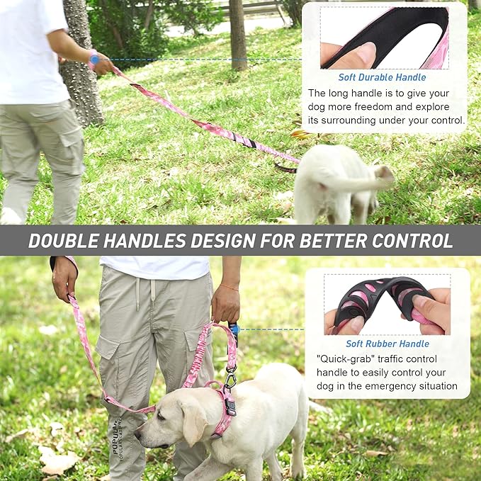 Hotsky Tactical Dog Leash Heavy Duty for Medium Large Dogs That Pull,4-6Ft Strong Bungee Shock Absorbing No Pull Dog Leash with Padded Double Handle and Car Seatbelt,Pink Camo