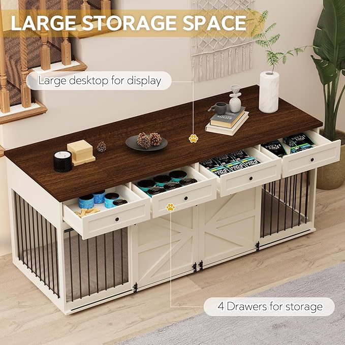 Dog Crate Furniture - Indoor Wooden Dog Kennel Furniture with 4 Drawers & 2 Sliding Barn Doors - for Small Medium Large Dogs - 83" Lx31.5 Wx35.6 H, White