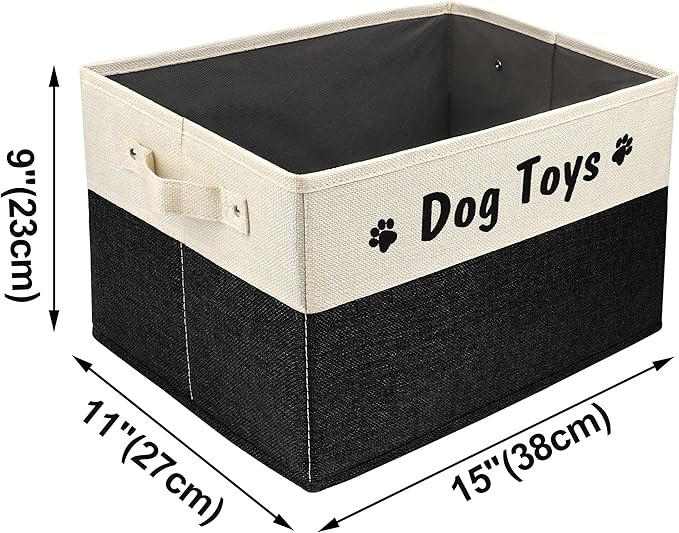 PET ARTIST Dog Toy Basket, Foldable Dog Toy Bin Box for Living Roon Area, Collapsible Storage Basket with Comfortable Handles for Pet Coat, Accessories, Black, 15"x11"x9"