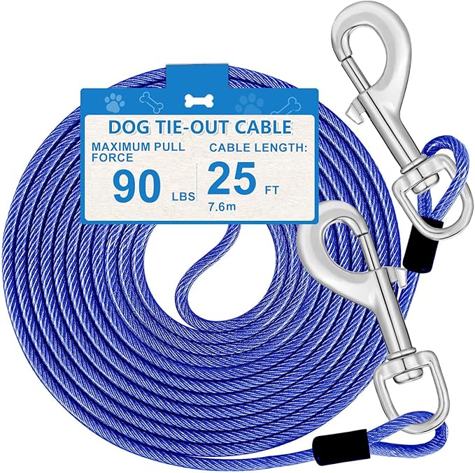 25ft Dog Tie Out Cable, Dog Leash Heavy Duty Tie Out Cable for Large Dogs Up to 90lbs Pull Force, Dogs Runner for Yard Outdoor and Camping, L, Blue