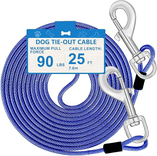 25ft Dog Tie Out Cable, Dog Leash Heavy Duty Tie Out Cable for Large Dogs Up to 90lbs Pull Force, Dogs Runner for Yard Outdoor and Camping, L, Blue