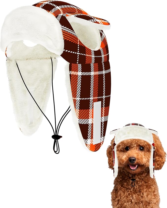 PET SHOW Dog Trapper Hat Winter Hat for Small Dogs Fall Thanksgiving Warm Fleece Aviator Hats with Ear Flaps Adjustable Outdoor Boy Puppy Pet Pilot Costume Cap S-Orange Plaid/with Ear Holes