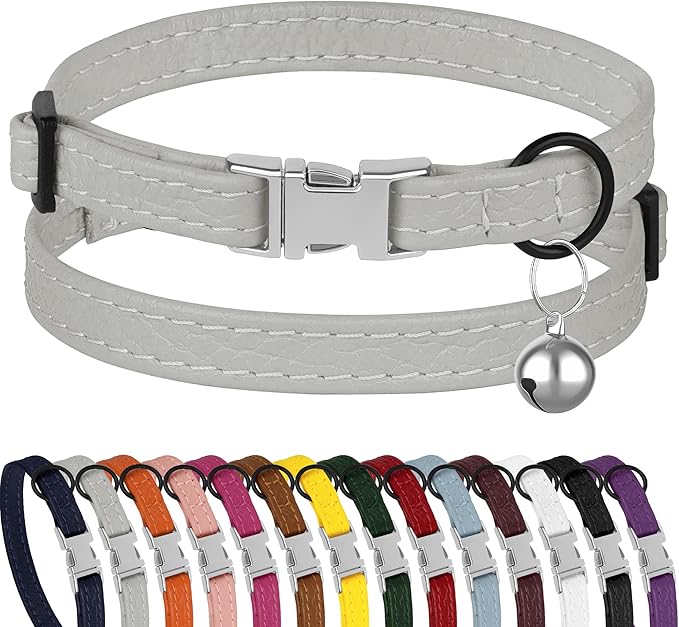 Leather Cat Collar with Buckle and Removable Bell - Non Breakaway Adjustable Soft Safety Small Pet Collars for Girl Boy Cats Kitten (Gray)
