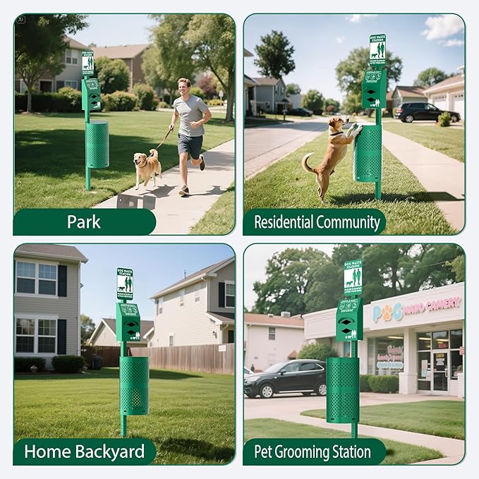 POCHAR Aluminum Rustproof Dog Waste Disposal Station for Pet Parks – 10 Gallon Outdoor Pet Poop Station with Reflective Sign & Lid – Durable Trash Bin for Backyard Dog Waste