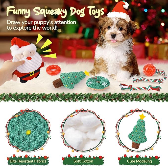 KIPRITII 9 Pack Xmas Puppy Dog Toys Set with Dog Squeaky Toys, Chew Toys & Puppy Teething Toys for Small Dogs and Puppies