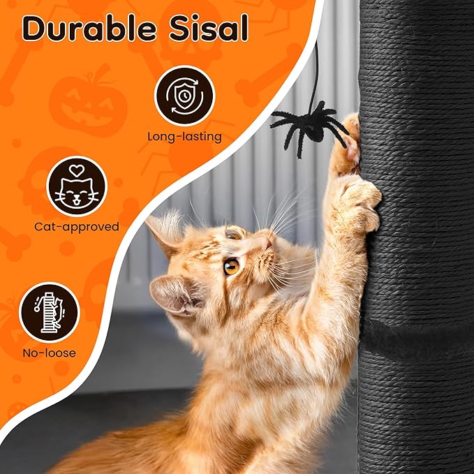 Gothic Cat Scratching Post, Sisal Cat Scratcher with Interactive Hanging Spider Toys, Monster Scratch Pole for Indoor Cats, Halloween Cat Scratch Post for Large Cats, Black