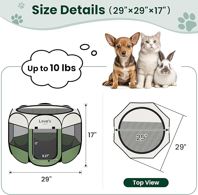 Love's cabin Pet Puppy Dog Playpen, Small Dog Tent Crates Cage Indoor/Outdoor, Portable Playpen for Cat, Foldable Pop Up Dog Kennel Playpen with Carring Case, Removable Zipper Top, Olive Green