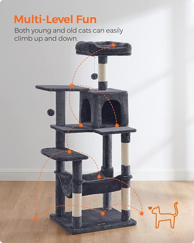Feandrea Cat Tree, 56.3-Inch Cat Tower for Indoor Cats, Multi-Level Cat Condo with 4 Scratching Posts, 2 Perches, Hammock, Cave, Smoky Gray UPCT161G01