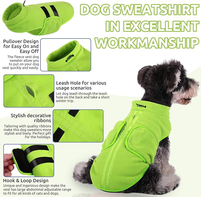 Queenmore Soft Fleece Dog Jacket, Warm Winter Dog Clothes with Leash Hole, Dachshund Sweater for Small Dogs Cats Boy or Girl (Green, S)