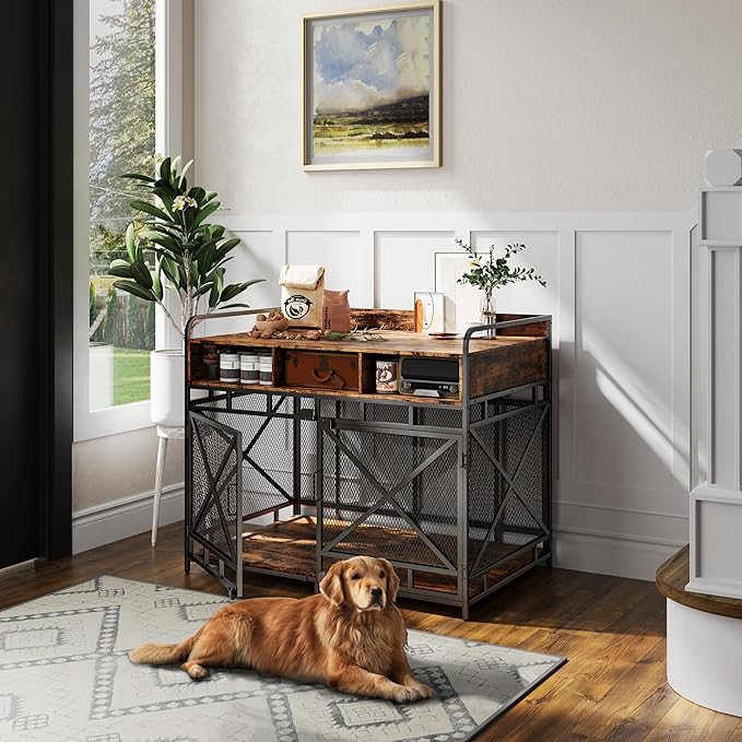 Dog Crate Furniture, 43" Heavy Duty Wooden Dog Crate End Table, XL Dog Kennel Furniture Large Breed, Decorative Dog Kenne Indoor with 3 Drawers & Steel Tubes 43" L x28 W x36 H (Rustic Brown)