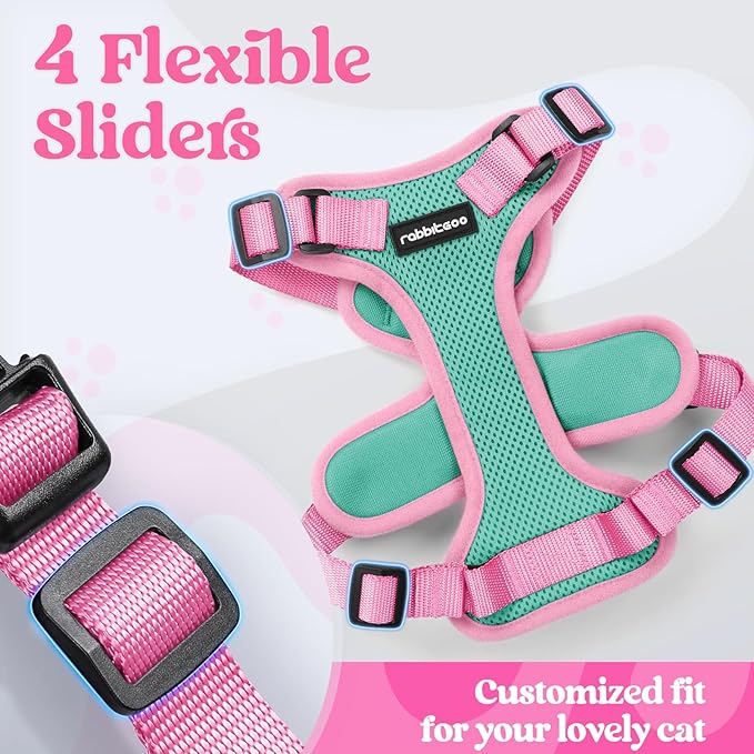 rabbitgoo Cat Harness and Leash Set, Escape Proof Soft Adjustable Vest Harnesses for Outdoor Walking, Easy Control Breathable Kitten Jacket with Reflective Strips, Green & Pink, M