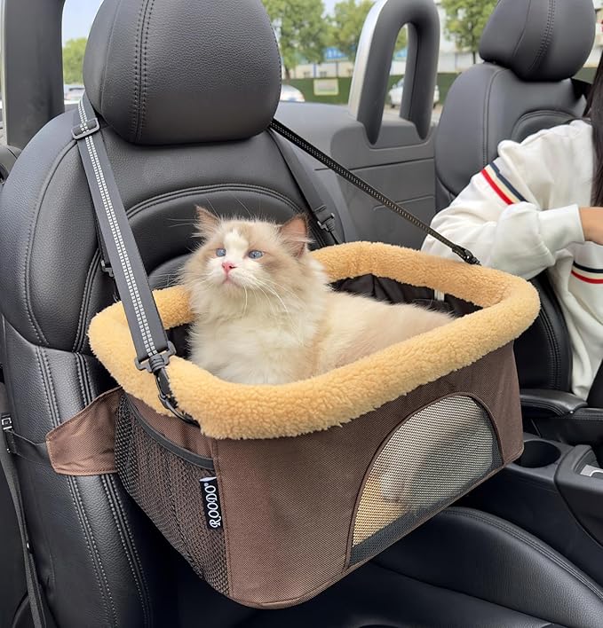 ROODO Deluxe Dog Booster Seat with Height-Adjustable Foldable Metal Frame and Safety Leash,Portable Pet Car Seat for Under 20lb Puppy Cats with Plush Thick Cushion Mesh Window Pockets(Khaki)