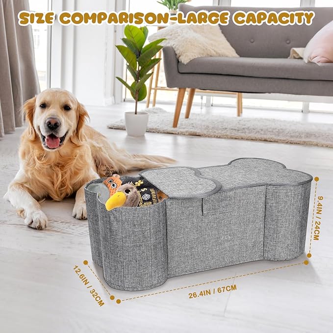Lukeline Large Dog Toy Basket, Bone Shape Dog Toy Storage Box, Foldable Fabric Storage Bin for Pet toys and Pet Supplies, 26.4 * 12.6 * 9.5 Inches (1 Pack-Grey-Lid)