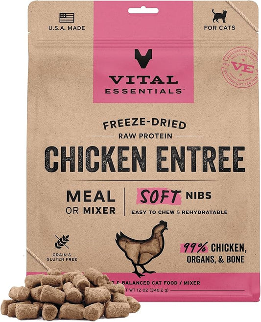 Vital Essentials Freeze-Dried Raw Chicken Meal or Mixer Cat Food Soft Nibs | 99% Chicken, Organs & Bone | 12 oz
