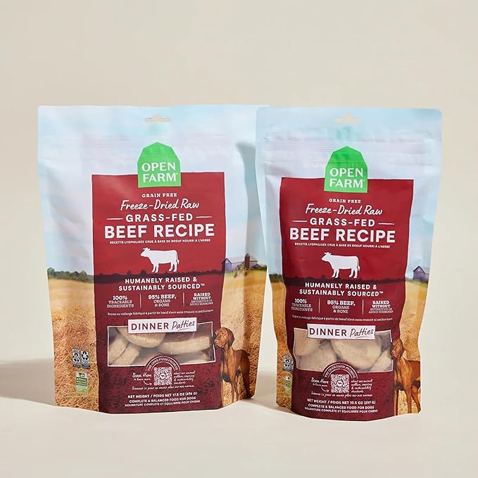 Open Farm, Freeze Dried Raw Dog Food, Patties with 95% Meat, Organs & Bone, Complete Meal or Freeze Dried Dog Food Mixer, Grass-Fed Beef Recipe, 10.5oz Bag