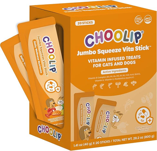 Choolip Squeeze Vita Stick Lickable Cat and Dog Treats – 20-Pack of 40g – Real Fish Puree with Multivitamins & Postbiotics – Hydrating, Gut & Immune Support – Large Breeds & Multi-Pet Homes