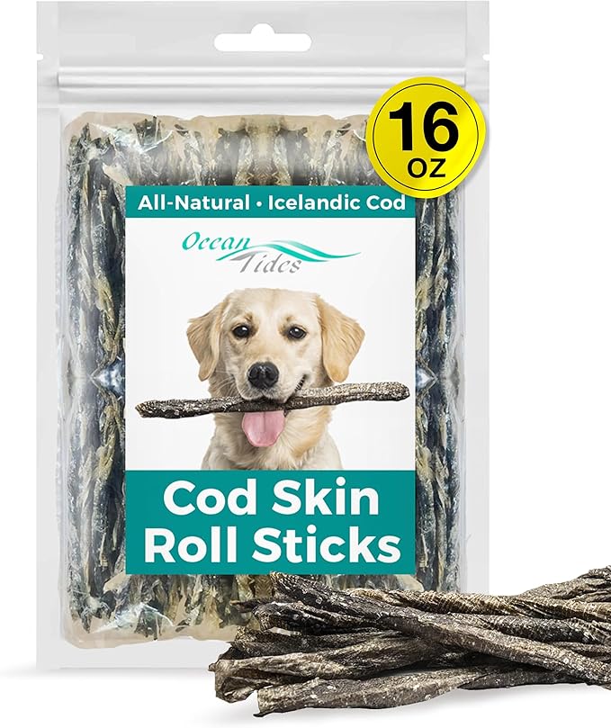 Ocean Tides Icelandic Atlantic Cod Fish Skin Treats for Dogs and Cats Dried Lean Crunch Sticks Chews