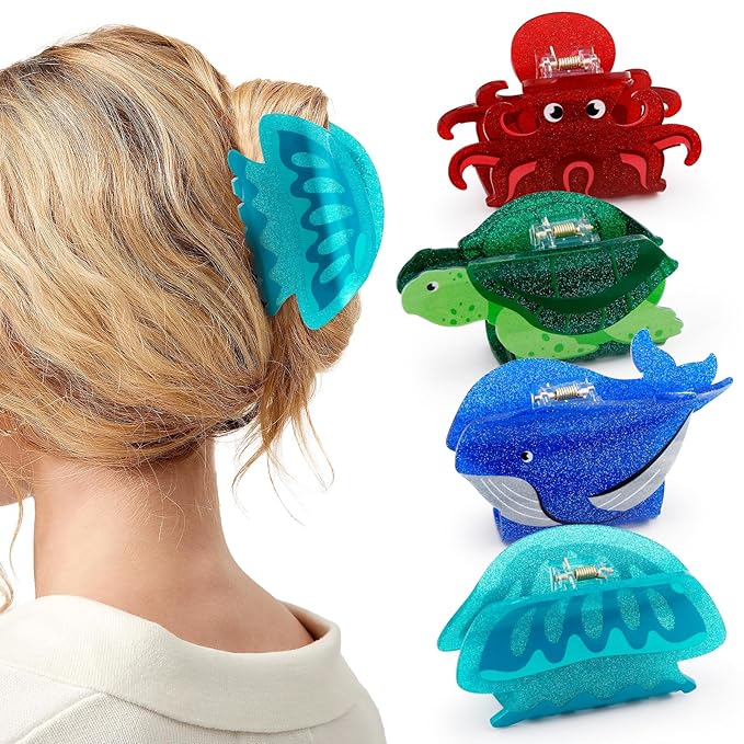 4PCS Sea Animals Hair Clips for Women Girls Large Ocean Hair Claw Marine Life Under the Sea Turtle Whale Octopus Jellyfish Beach Hair Accessories with Sturdy Grip Keep Hairstyle for Thick or Thin Hair