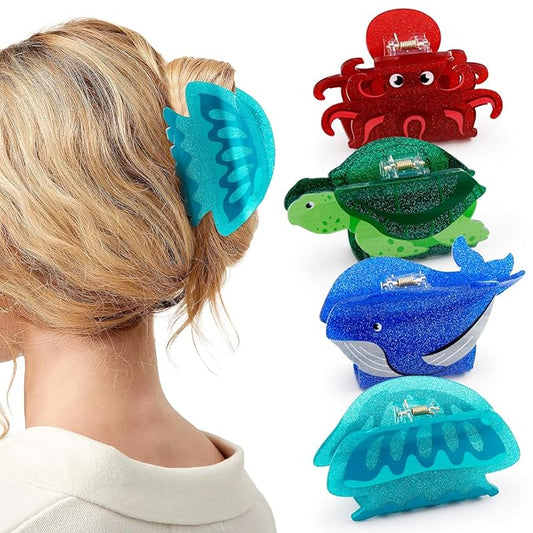 4PCS Sea Animals Hair Clips for Women Girls Large Ocean Hair Claw Marine Life Under the Sea Turtle Whale Octopus Jellyfish Beach Hair Accessories with Sturdy Grip Keep Hairstyle for Thick or Thin Hair