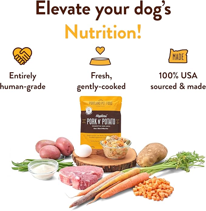 Portland Pet Food Company Fresh Dog Food Pouches - Human-Grade Toppers Wet Meal & Mixers - Grain-Free, Limited Ingredient Hopkin's Pork N’ Potato - Small & Large Breed Puppy & Senior Dogs - 5 Pack