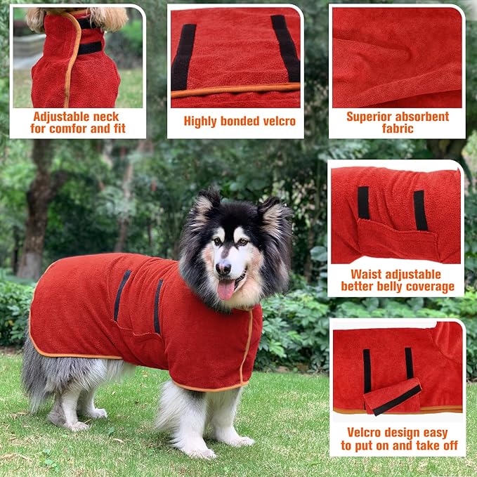 Dog Drying Coat Bathrobe Towel, Microfibre Material Fast Drying Super Absorbent Dog Bath Robe, Pet Quick Drying Moisture Absorbing with Adjustable Collar and Waist (Medium, Red)