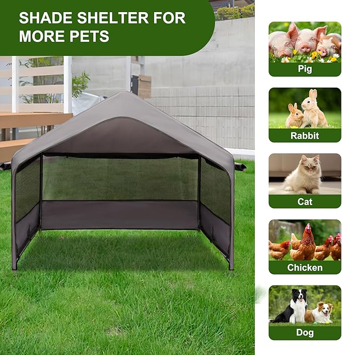 Summertrail Extra Large Dog House Outside, Dog Tent Outdoor, Big Dog Shade Shelter Doghouse Canopy with Three-Sided Breathable Mesh Windows, Gray Sun Rain Cover for Pet Cat Livestock 4'x 4'x 3.3'