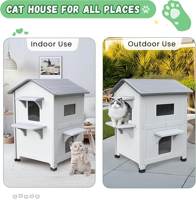 Insulated Outdoor Cat Houses - Waterproof 2 Story Cat House for Outside with Escape Door for Winter，Elevated Outdoor Cat House for Feral Stray Barn Cat Kitty