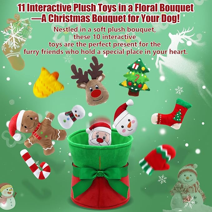 Squeaky Dog Toys, 11 Pcs Christmas Interactive Dog Toy Collection in Flower Bouquet Packaging,10 Adorable Animal Plush Toy