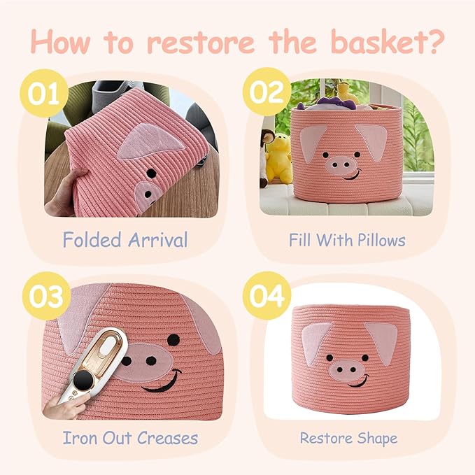 OMERAI Animal Baskets Cotton Rope Woven Storage Basket for Toys Blankets Laundry Nursery, Large Foldable Organizer with Cute Pig Design and Handles, 15"D x 12.6"H (Pink)