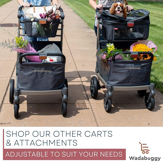 Wadabuggy Pet Foldable Cart - Luxury Cat & Dog Stroller with Extra Large Shopping Basket, Cup Holders, & Ventilated Canopy - Easy Fold Pet Stroller for Cats & Dogs