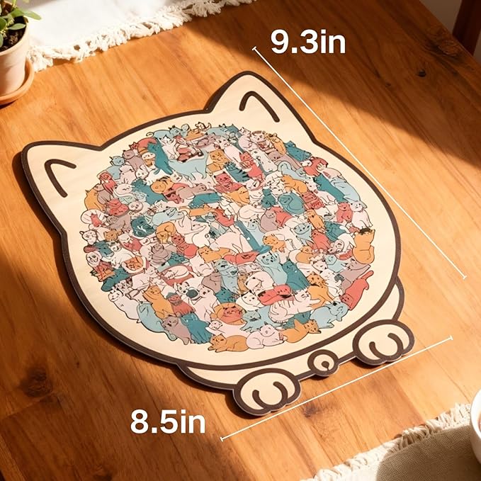 Color Cat Shaped Wooden Puzzle for Adults, Cute Animal Cats Decoration with Frame, Funny Cats Puzzle for Cat Lovers