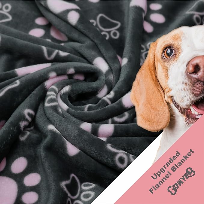 Flannel Dog Blankets for Large Dogs - Washable Pet Blanket, Soft Crate Bed Mat with Paw Pattern for Kennel/Couch, Grey & Pink 80x60 Inch