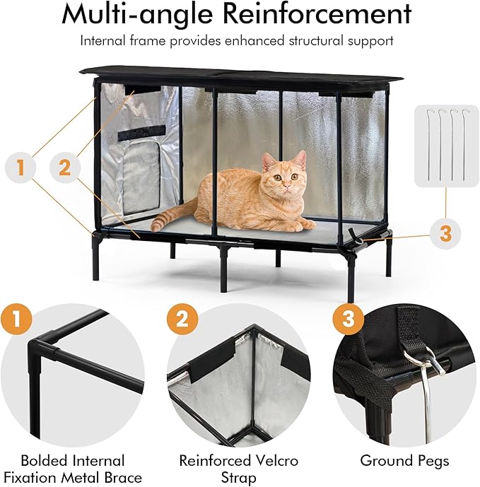 Heated Outdoor cat House for Outside, Weatherproof Insulated Feral Cat Shelter with Timer-Temp Control Heating Pad in Winter, Large Elevated Outdoor Cat House with Zipper, 2 Doors, Safety- Black