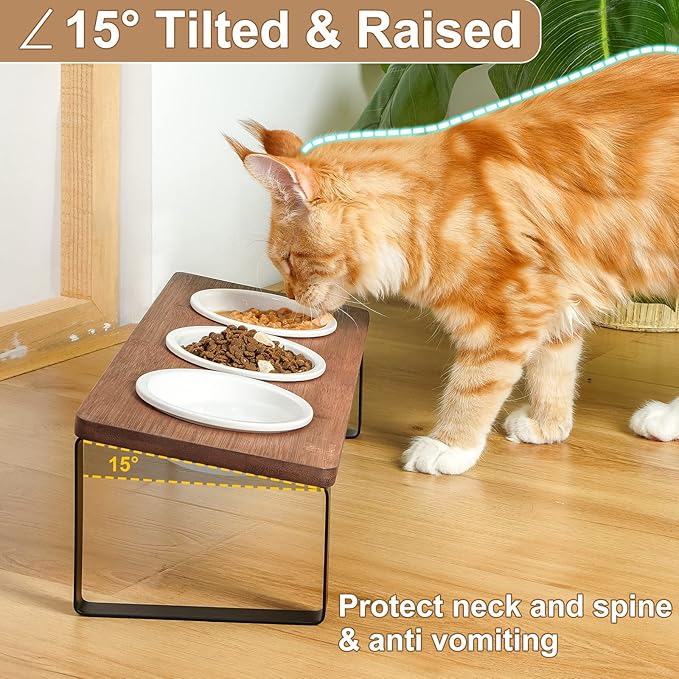 Sunhoo Raised Cat Food Water Bowl Elevated Tilted Kitty Dishes Set of 3 Ceramic Dish for Indoor Cats Orthopedic Pet Food Stand Reduces Vomiting 3 Bowl Cat Feeder Easy Assembly(Brown)