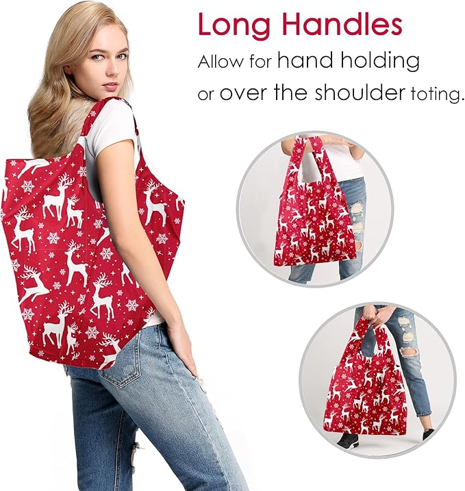 BeeGreen Christmas Reusable Grocery Bags with Zipper Storage Pouch 10 Packs Deer Reusable Shopping Bags Bulk with Elastic Band Foldable-Machine Washable Christmas Gifts Tote Bags